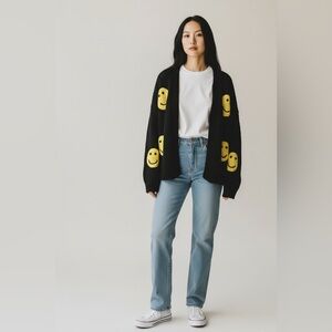 Luna Ivy Black Smiley Face Cardigan Women’s Size XS Chunky Knit Sweater